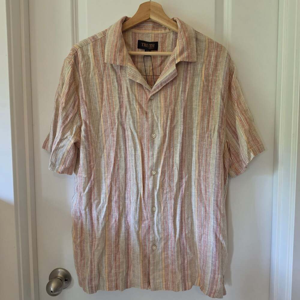 NWT Truth By Republic Mens M Linen Blend Striped Camp Shirt Coastal Boho